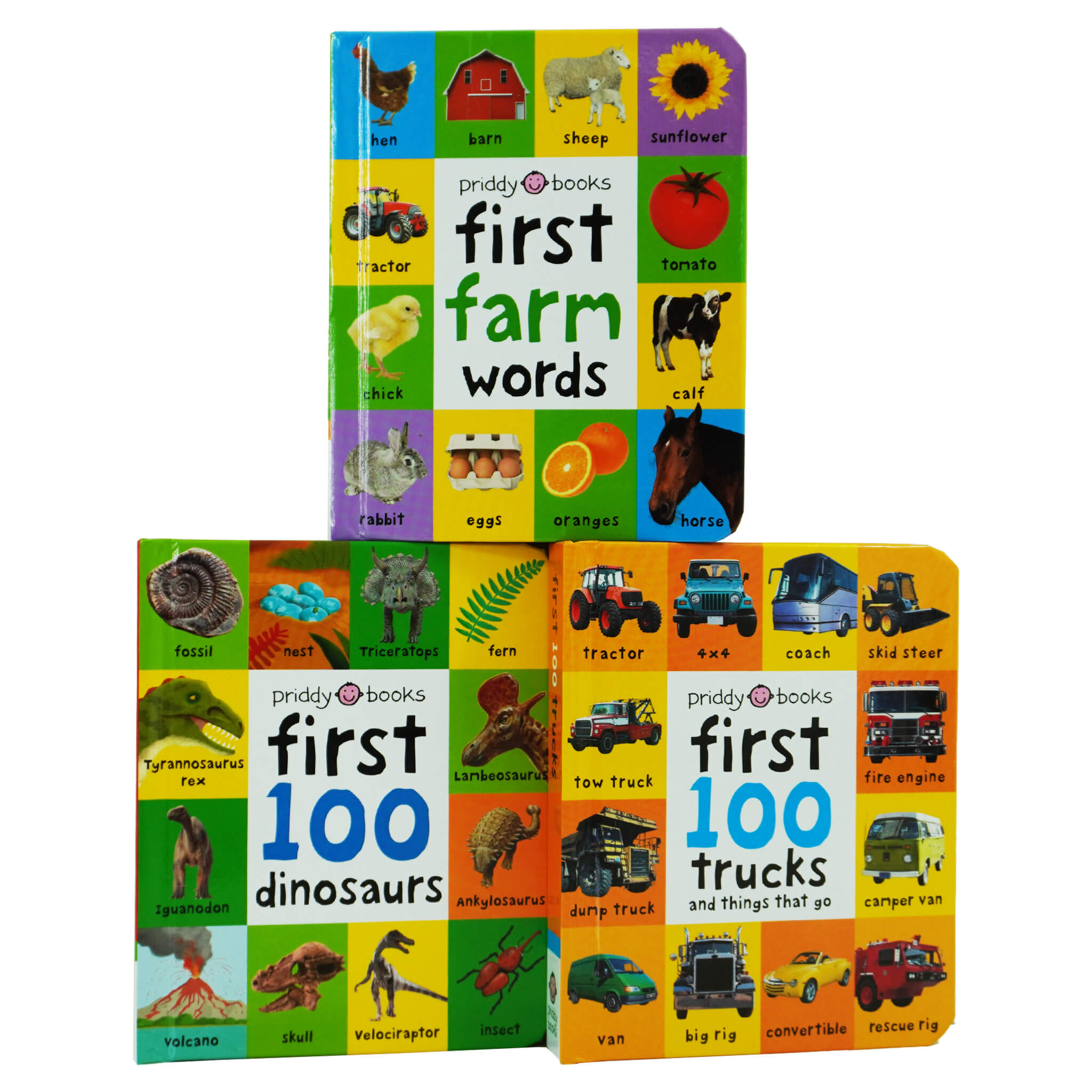 First 100 series 3 Books (Trucks, Dinosaurs & First Farm Words) Children Collection Box Set By Roger Priddy - Ages 0-5 - Board Book