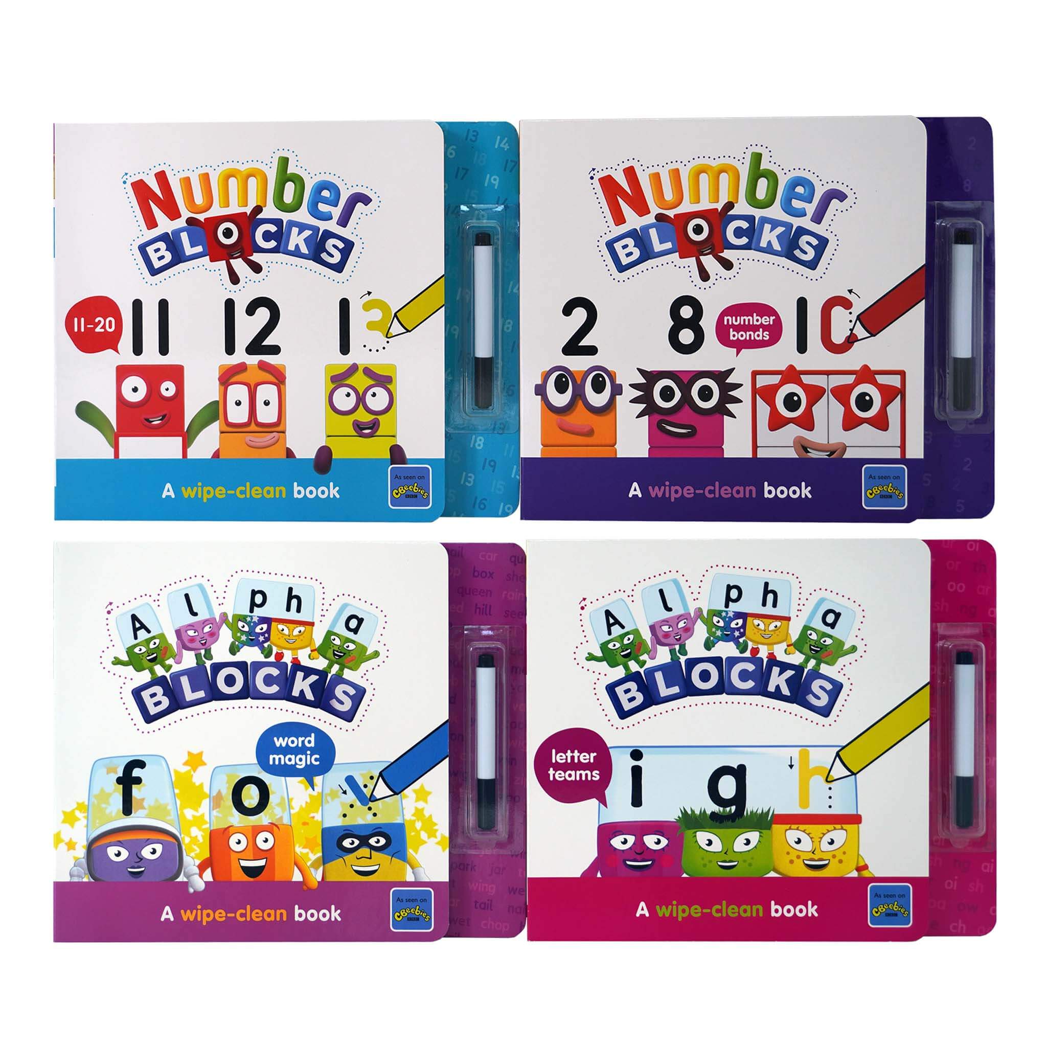 Numberblocks and Alphablocks: Let's Learn Numbers and Letters 4-Book Wipe-Clean Box Set with pens By Sweet Cherry Publishing - Ages 3-6 - Board Book